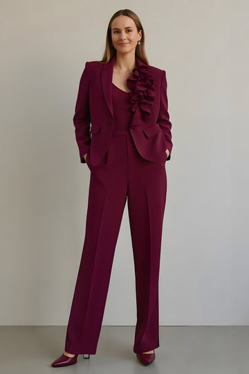 Burgundy 2 Piece Prom Suit With Ruffles